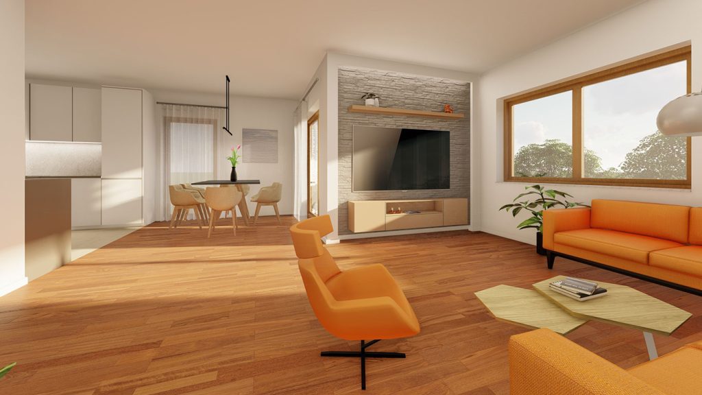 3D slika dnevnog boravka i blagavaonice